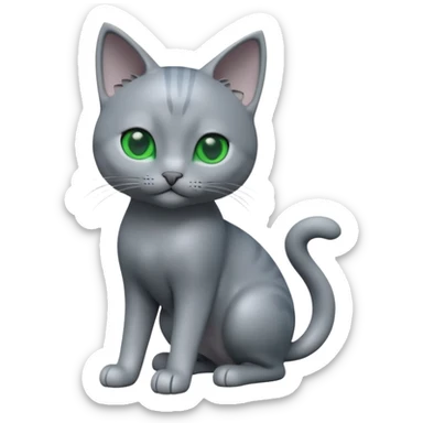A 3D cartoon Russian Blue cat in cool silver-gray tone, smooth fur, green eyes, sleek lighting, cinematic 3D Memoji style. full body or half body. sticker