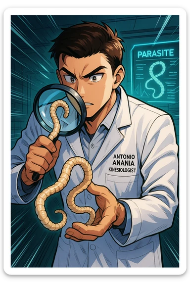 A dynamic manga/webtoon-style illustration of a young male kinesiologist wearing a clean white lab coat, analyzing light beige worms like a tapeworm under a magnifying glass. His expression is focused and slightly intrigued, with sharp, detailed eyes. The art style is vibrant, with bold linework, rich colors, and dramatic lighting. The background is a futuristic laboratory with glowing holographic screens displaying parasite data. The tapeworm is intricately drawn, slimy and segmented, with a slightly exaggerated yet realistic texture. The composition is dynamic, with motion lines or energy effects to emphasize his scientific investigation. The atmosphere is intense but not dark, keeping a balance between scientific seriousness and stylish manga aesthetics, he has "ANTONIO ANANIA" WRITTEN ON WHITE LAB COAT sticker