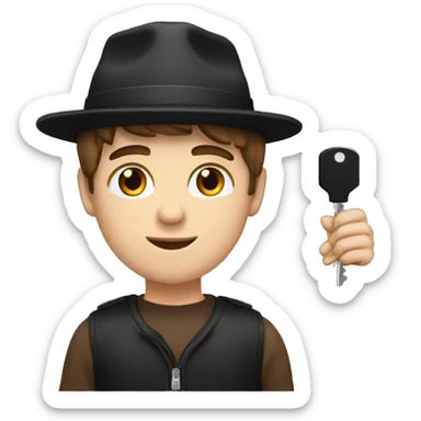 white boy, with a brown hair, brown eyes and with a black hat holding a car key sticker