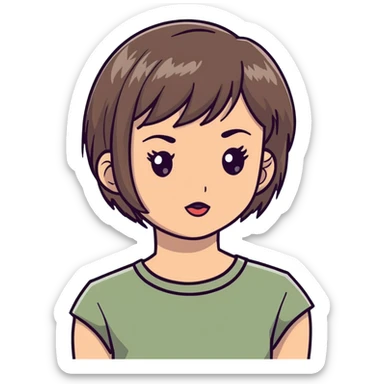 White girl with short wolfcut hairstyle, brown eyes, straight hair, wearing a sage green top sticker