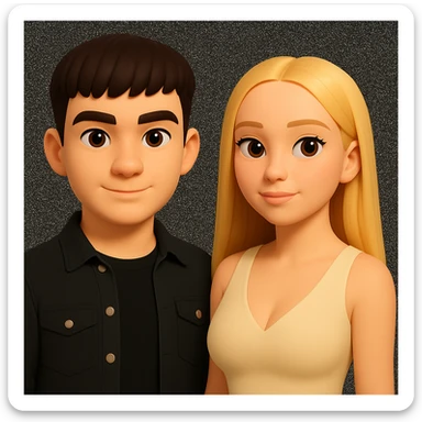 Slightly increase the volume of the upper body of the girl, significantly spread them apart from each other, make the skin color the same for both characters, while preserving the cartoonish 3D style as in the reference image. sticker