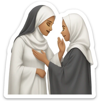 A teenage girl giving a respectful hand-kiss (salim) to her mother.  Both the daughter and the mother are wearing hijabs and abayas. sticker