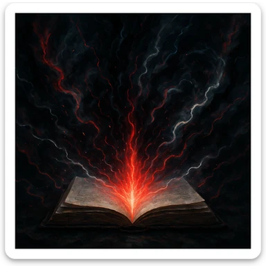 open book with dark aura, predominant colors red, black, white, and dark blue, powerful transformation feeling sticker