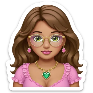 Girl girl with middle parted long wavy brown hair. green gold eyes. Plus size. pink frilly top. gold nose ring. pink heart crystal necklace. Gold rimmed glasses. Long eyelashes sticker