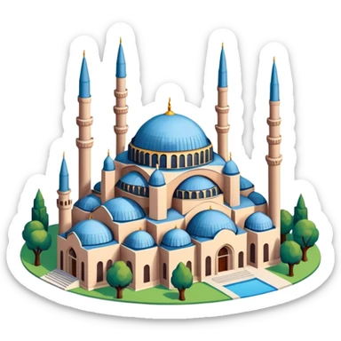 Isometric illustration of Istanbul, featuring Hagia Sophia with its large central dome and four tall minarets, paint photorealistic style sticker