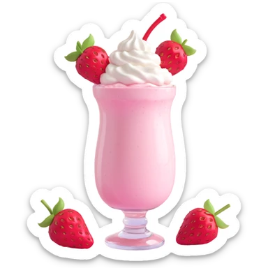 3D style strawberry milkshake with pink hue and cherry on top, whipped cream, sparkles sticker