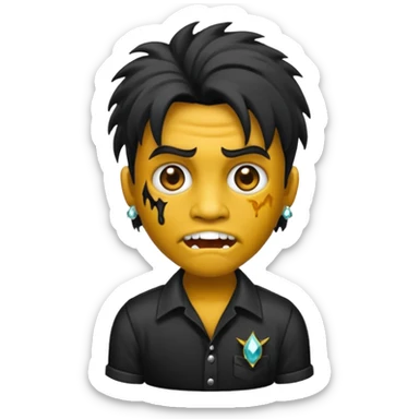 Emoji masculino de zumbi estilo iPhone,com cabelo ondulado mullet e preto, camisa preta e brincos de diamante  sticker