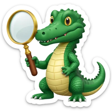 A claymation-style academic alligator holding a magnifying glass. The background is a solid white circle sticker