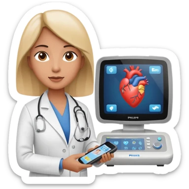 Cardiac sonographer with Philips ultrasound machine sticker