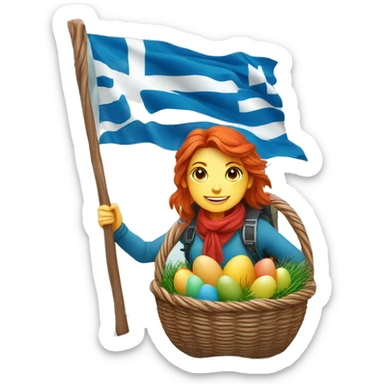 red hair female winter mountaineer climbing with Easter eggsbasket and Greek flag sticker