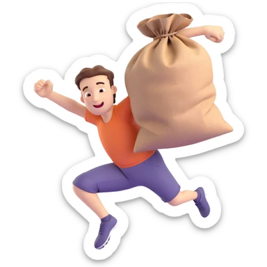 3D style man jumping inside a sack, grabbing the sack with both hands, energetic, cheerful expression, simple background sticker