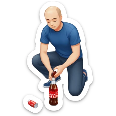 Balding guy, dark blue shirt, kneeling to pick up a coke bottle in a parking lot sticker