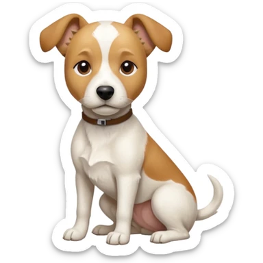 a full body facing front on of a buff white beagle cross jack russell terrier looking dog the size of a kelpie with light brown long ears resting on its face and a light brown patch above one eye and a large snout. the rest of the dog is completely white.  sticker