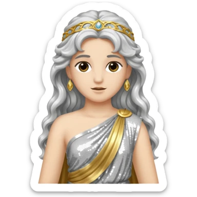 Diana from Roman Deities with long silver wavy hair, silver sequin toga sticker