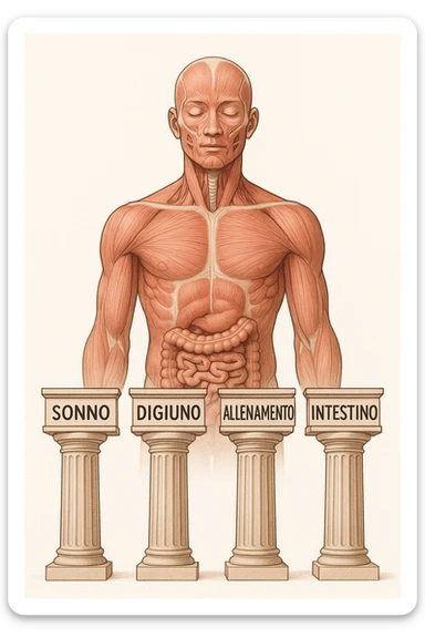 5 pilastri con le scritte "SONNO", "DIGIUNO", "ALLENAMENTO", "INTESTINO", DAVANTI UN CORPO UMANO ANATOMICO CON OCCHI CHIUSI IN SALUTE, SFONDO CHIARO IN ITALIANO sticker