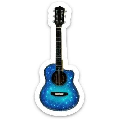 Realistic neon blue to black acoustic guitar with sparkly shiny glitter and diamonds on it. sticker