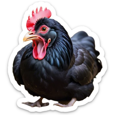 Cinematic Cute Yawning Black Chicken Portrait Emoji, Head tilted slightly with a dramatic, wide-open yawn, showcasing a soft, glossy black plumage with subtle hints of iridescence and a distinctive red comb, floppy wings slightly drooping, round beady eyes barely open in drowsy contentment, Simplified yet irresistibly adorable features, highly detailed, glowing with a soft, cozy glow, high shine, relaxed yet expressive, stylized with a touch of whimsy, bright and endearing, soft glowing outline, capturing the essence of a sleepy yet affectionate chicken, so drowsy it feels like it could stretch out of the screen and curl up for a nap! sticker