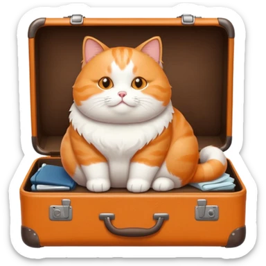 A chubby cat sitting proudly next to a neatly packed suitcase. sticker