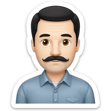 50 yr old white man, pale skin black hair with some grey highlights, side swept part, groomed moustache and beard sticker