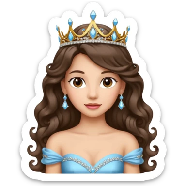 Princess with long glam curled hair, dark brown eyes, light skin tone.  sticker