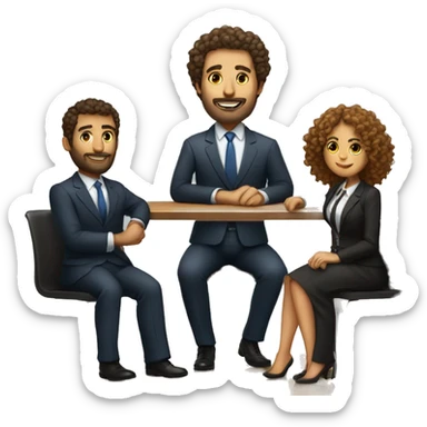 work meeting 3 men and 4 women sitting on a table wearing suits the women have curly hair and one of the men is fat with a beard and of them is tanned with curly hair sticker
