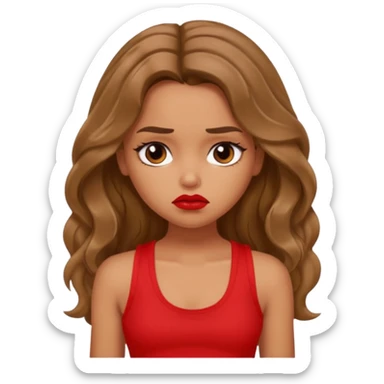 generate a pretty tan bratz girl with brown wavy hair long wearing a red tank top, red lipstick. Looking sad sticker