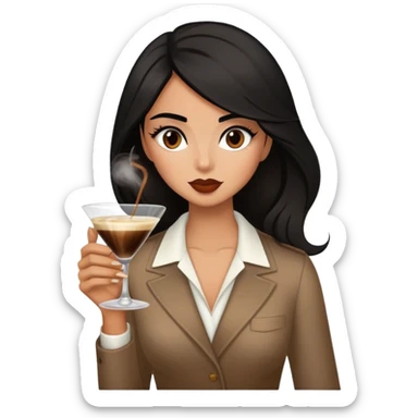 black haired female Hispanic looking drinking espresso martini long hair brown balayage  sticker