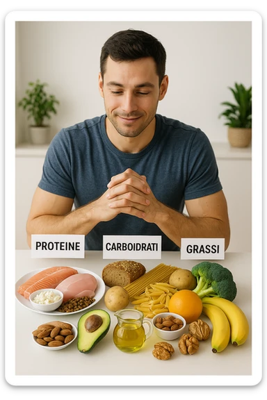 uomo che fa alimentazione attraverso i giusti macronutrienti. Scritte in ITALIANO immagine 4k realistica sticker