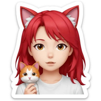 cute anime girl with cat ears, red blowing hair sticker