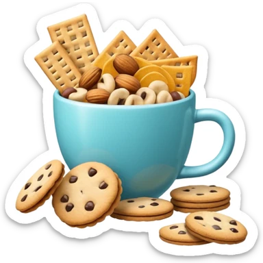 3D minimal icon with a variety of snacks (chips, cookies, crackers, nuts) arranged abundantly, plus a small neutral cup (not a soda cup). Include a subtle accent in #FF3D00. Clean and modern style. sticker