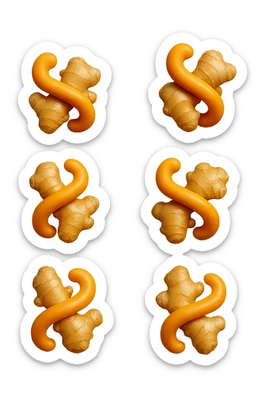 emoji stile iphone 3d di 6 piccoli pezzi di zenzero che fluttuano in aria con pezzi di colon arrotolati intorno, iperrealistico 4k sticker