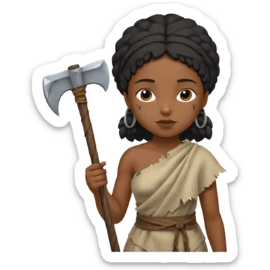 ancient black girl, tattered leaf cloth, hold broken stone ax sticker