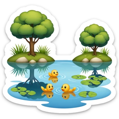 A pond is a small, still body of water—usually smaller than a lake—often shallow enough for sunlight to reach the bottom in most areas. It can be natural, formed by springs or rainfall collecting in a low area, or man-made, like a farm or garden pond. sticker