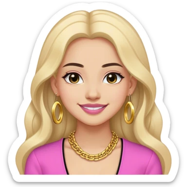 A little cool toned girl with black thick open long hair smiling and her lips should be a lightish pink in a black outfit with gold tops (not hoop) earrings and a very thin gold chain and she should have a lil jawline  sticker