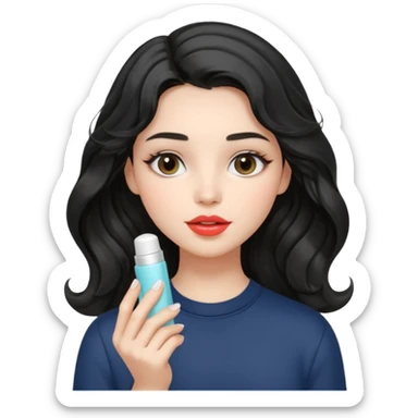 “Girl with light-black wavy hair, soft and flowing. She holds a asthetic lip balm just near her lips, about to apply it. The lip balm gives her lips a subtle glossy shine, making them look smooth, hydrated, and naturally prettyy sticker