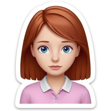 Create emojis of a girl with light brown / dark red hair slightly wavy below the shoulder. Her eyes are gray-blue, her nose is small and straight, and her lips are pink and small. Eyes with long eyelashes. The polo shirt is white. The emoji itself is up to chest level. sticker