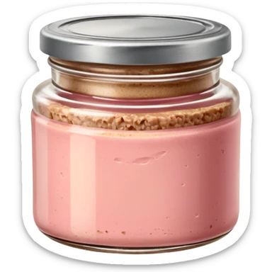 small glass jar of coarse beige-pink pâté with metal lid, visible texture, no label or extras, soft lighting, subtle shadows, transparent background, emoji scale sticker
