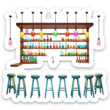 A 3D cartoon bar interior with a counter, glowing shelves of colorful bottles, tall stools, and hanging lights, warm ambient lighting, realistic reflections, Memoji-style. sticker