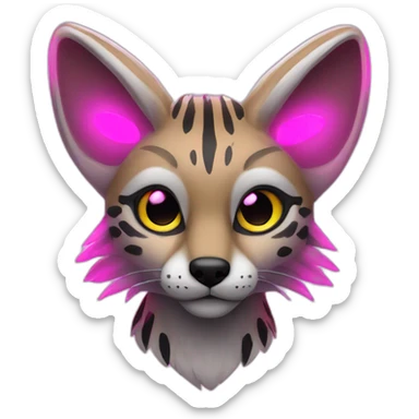 Coyote ocelot with grey and black fur and phoenix wings and pink ears, neon lights sticker