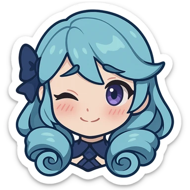 Gwen from League of Legends, chibi emote style, only head visible, right eye purple, shy expression, small smile, cute and expressive sticker
