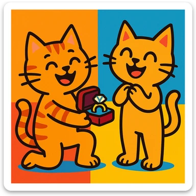 one happy cat proposing marriage to another happy cat, both cats smiling, with a ring box, playful and cute sticker