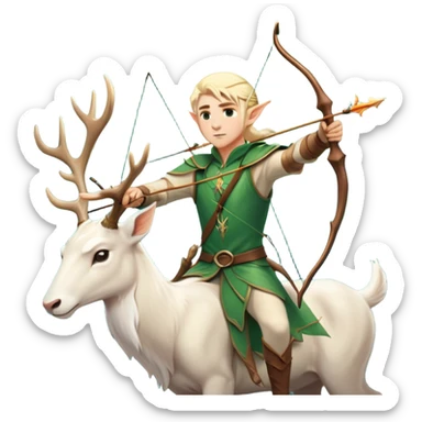 clash-of-clans-aesthetic-blond-male elf-archer-portrait-emoji, rendered in a flat, vector-style with minimal shading and bold holding his bow, simplified shapes, head tilted slightly forward with a determined, focused expression, riding a majestic white stag whose antlers glow with mystical energy, set against an ancient, enchanted forest backdrop. sticker