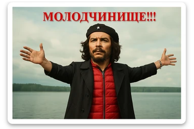 Сгенерируй мне в такой же позе и в такой же одежде Че Гевара (как на 2 фото). Сохраняй нормальные пропорции тела, голова не должна быть слишком большой, все должно смотреться гармонично и реалистично  sticker