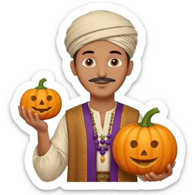 Tan Moroccan man sitting holding with pumpkin and grapes in countryside  sticker