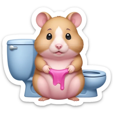 Cute chubby cartoon-style hamster sitting on toilet pooping looking as if he had an accident sticker