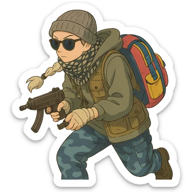 1 female, long white braid, knit cap, dark sunglasses, shemegh neckwrap, fishing vest, vibrant shool backpack, drab hoodie, handwraps, blue camo pants, tactical reload of a VZ-64 Scorpion, hunched over, on the move sticker