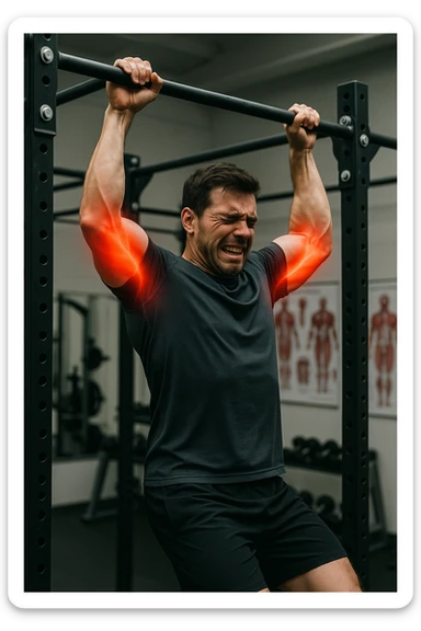 a man in athletic wear esegue una trazione alla sbarra in palestra. I suoi gomiti sono evidenziati con un alone rosso acceso o un effetto glow, indicando infiammazione. Un’espressione di dolore è visibile sul suo volto. Sullo sfondo, attrezzi da palestra e poster anatomici. L’atmosfera è educativa e realistica. sticker