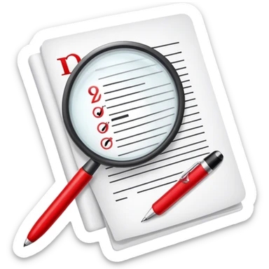 Create an emoji representing editing and proofreading. The design should feature an open document or manuscript with visible text and proofreading marks (such as red underlines or corrections). A red pen or pencil should be placed near the document, symbolizing the act of making edits. Optionally, include a magnifying glass to represent careful review. Use neutral and professional colors like white, black, and red accents to highlight the editing process. Do not include any emojis or smiley faces. Make the background transparent. sticker