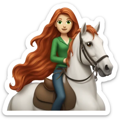 long-haired redhead woman with green eyes, on a horse back riding sticker