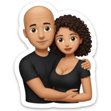 A picture of an embracing tanned couple. the man is a Mexican man with tanned skin, with a bald hair cut, short beard and wearing a black shirt. the woman is short with long curly dark brown hair and with big boobs  sticker